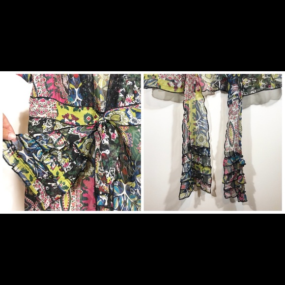 CAbi sheer paisley ruffle tie front kimono top. M - Picture 4 of 8
